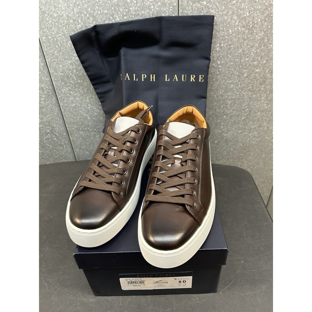 NWB Ralph Lauren Purple Label Severn Burnished Calfskin Sneakers - Size 9D Brown